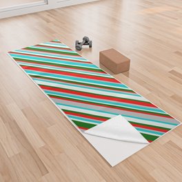 [ Thumbnail: Vibrant Red, Grey, Dark Turquoise, Mint Cream, and Dark Green Colored Striped/Lined Pattern Yoga Towel ]