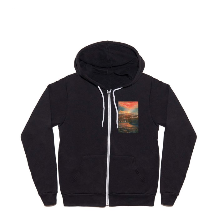 Hawaiian Volcanic Eruption by the Sea at Night landscape painting by Charles Furneaux Full Zip Hoodie