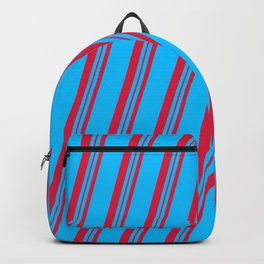 [ Thumbnail: Deep Sky Blue and Crimson Colored Lines/Stripes Pattern Backpack ]