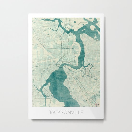 Jacksonville Map Blue Vintage Metal Print