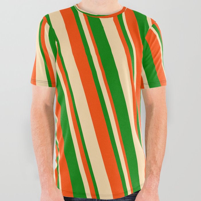 Red, Tan, and Green Colored Striped Pattern All Over Graphic Tee