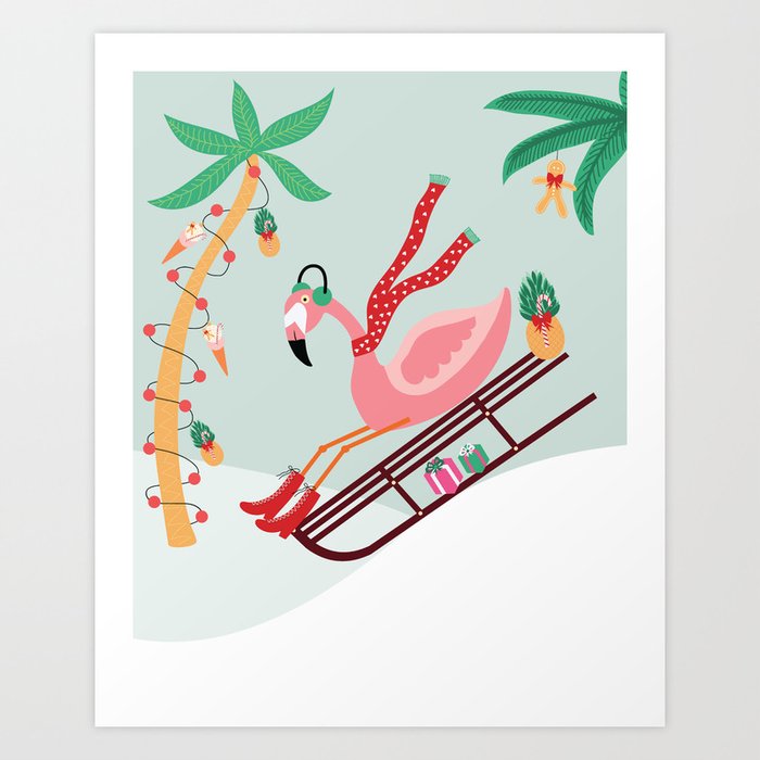 Flamingo on a sleigh ride with palm trees Art Print