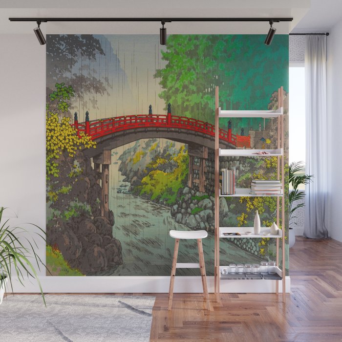 Vintage Japanese Woodblock Print Garden Red Bridge River Rapids Beautiful Green Forest Landscape Wall Mural By Tokugawa Society6