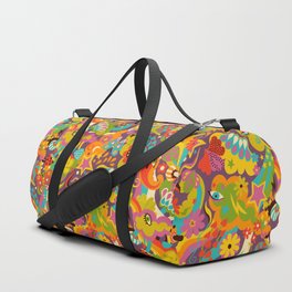 1970s Disco Psychedelia - Funky pattern with toadstools, snails and stars by Cecca Designs Duffle Bag