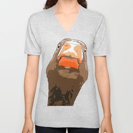 Brown Duck With Expresssive Face Cartoon Style Unisex V-Neck
