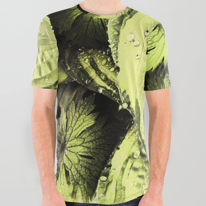 Hosta Leaves with Geraniums with Rain Drops in Old and I Art  All Over Graphic Tee