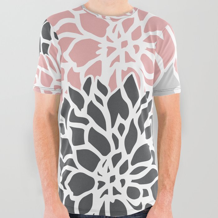 Flower Blooms, Pink and Grey All Over Graphic Tee