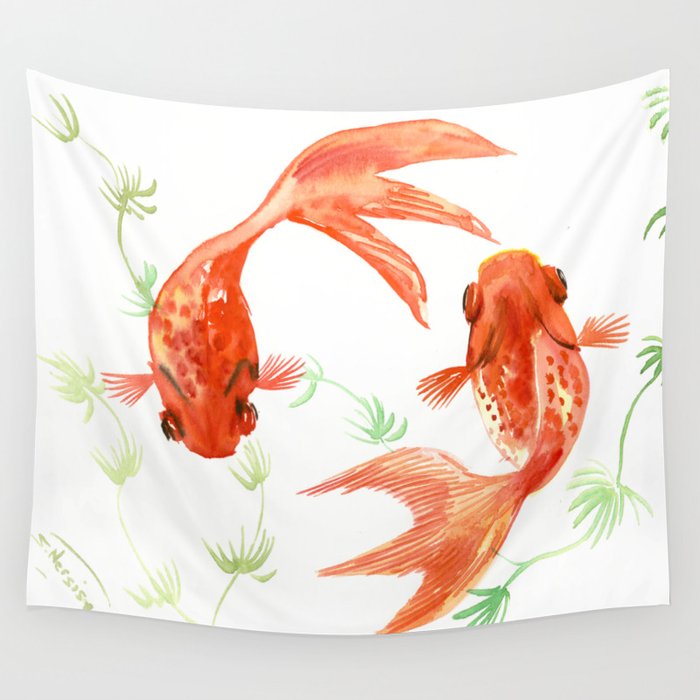 Koi Fish Feng Shui Goldfish art Two fish Wall Tapestry by