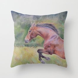 A brown horse jumping on a green meadow Pastel drawing Animal Art in the landscape Throw Pillow