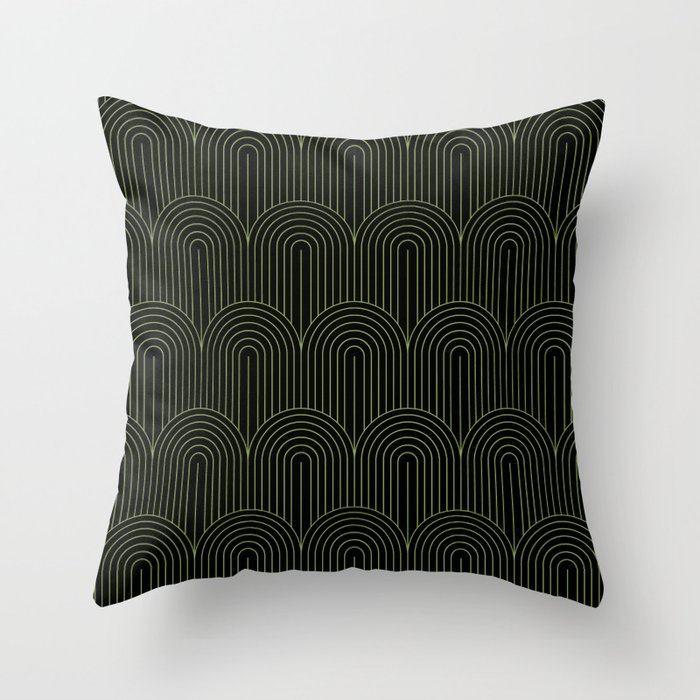 Art Deco Arch Pattern I Black & Neutral Green Throw Pillow