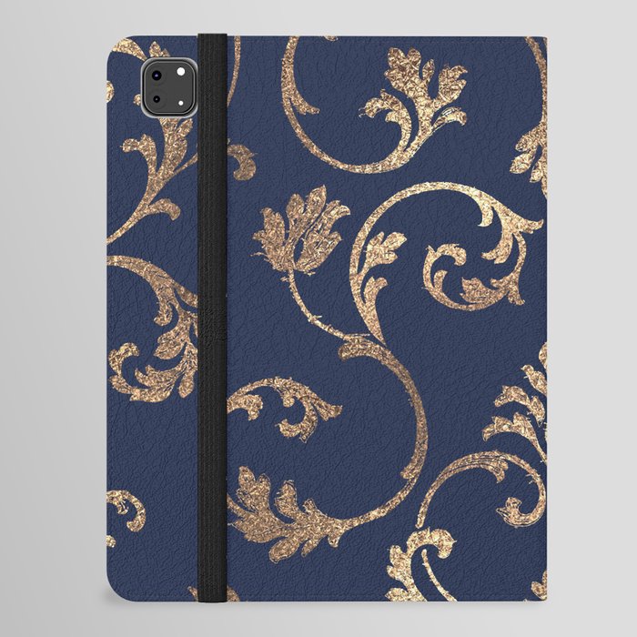 Elegant navy blue gold glitter floral damask iPad Folio Case