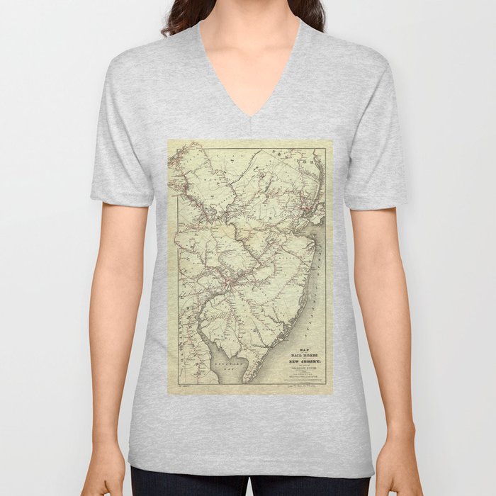 Vintage New Jersey Railroad Map (1869) V Neck T Shirt