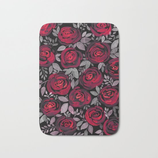 Watercolor red roses on black background Bath Mat