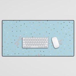 Silver Dragonfly Christmas seamless pattern and Gold Confetti on Blue Pastel Background Desk Mat