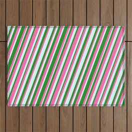 [ Thumbnail: Forest Green, Hot Pink, and Light Cyan Colored Stripes/Lines Pattern Outdoor Rug ]