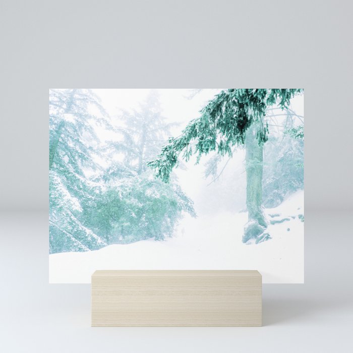 Emerald forest in blizzard and snow duvet cover home decor bedding pillow wall mural Mini Art Print