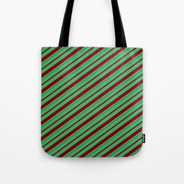 [ Thumbnail: Sea Green & Maroon Colored Lines Pattern Tote Bag ]