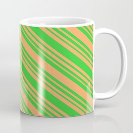 [ Thumbnail: Brown & Lime Green Colored Striped/Lined Pattern Coffee Mug ]