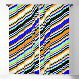 [ Thumbnail: Vibrant Dark Orange, Beige, Blue, Green, and Black Colored Lines/Stripes Pattern Blackout Curtain ]
