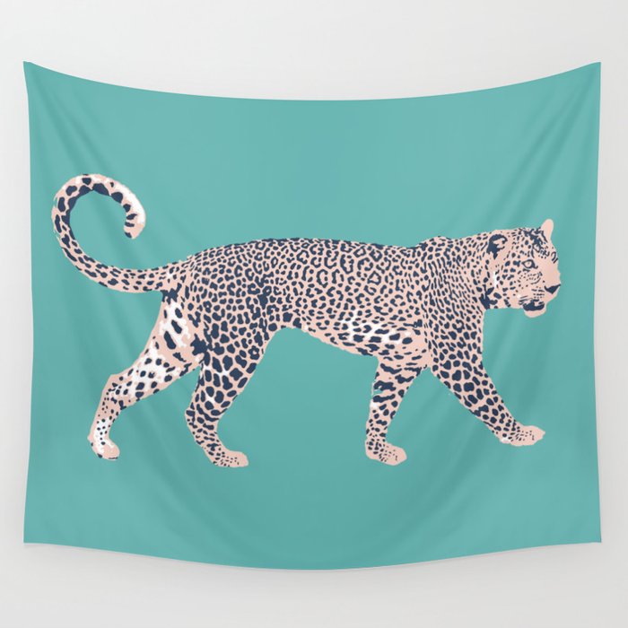 Jaguar in Pink on Teal Wall Tapestry