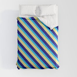 [ Thumbnail: Deep Sky Blue, Tan & Blue Colored Stripes Pattern Comforter ]