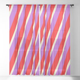 [ Thumbnail: Orchid, Red & Light Yellow Colored Lined/Striped Pattern Sheer Curtain ]