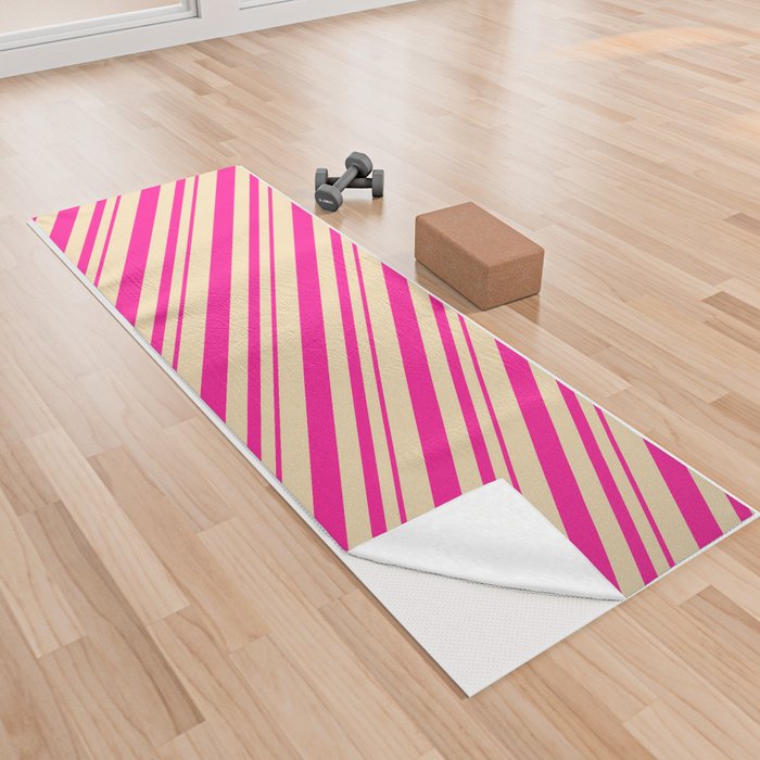 Deep Pink and Tan Colored Lined/Striped Pattern Yoga Towel