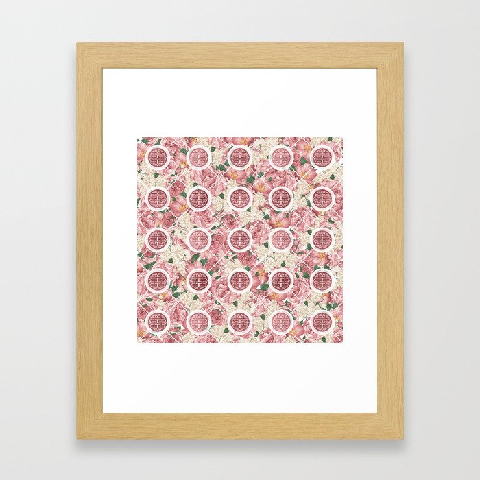 Double Happiness Symbol on Gentle Peony pattern Framed Art Print