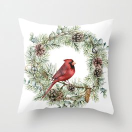 Cardinal Christmas Wreath, Floral Prints Throw Pillow