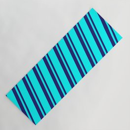 [ Thumbnail: Cyan & Midnight Blue Colored Striped/Lined Pattern Yoga Mat ]