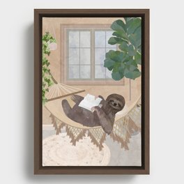 Boho Sloth in a Hammock Reading a book Framed Canvas