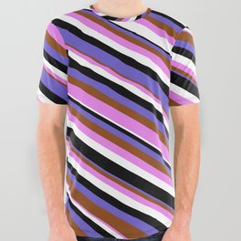 [ Thumbnail: Eye-catching Slate Blue, Brown, Violet, White & Black Colored Pattern of Stripes All Over Graphic Tee ]