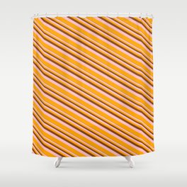 [ Thumbnail: Brown, Pink & Orange Colored Lined/Striped Pattern Shower Curtain ]