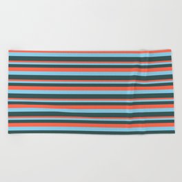 [ Thumbnail: Red, Sky Blue, and Dark Slate Gray Colored Pattern of Stripes Beach Towel ]
