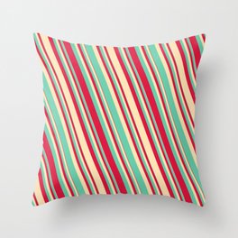 [ Thumbnail: Aquamarine, Crimson, and Beige Colored Striped/Lined Pattern Throw Pillow ]