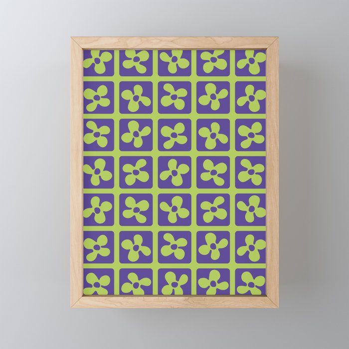 Retro Flowers Pattern - Purple Green Framed Mini Art Print