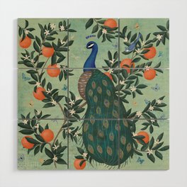 Tropical Peacock Chinoiserie With Oranges Wood Wall Art