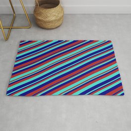 [ Thumbnail: Blue, Red & Turquoise Colored Stripes Pattern Rug ]