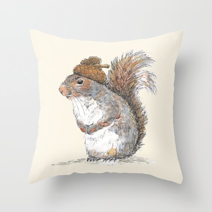 Squirrel with an Acorn Hat Throw Pillow | Drawing, Ink-pen, Watercolor, Squirrel, Acorn, Hat, Animal, Animals, Nature, Cute