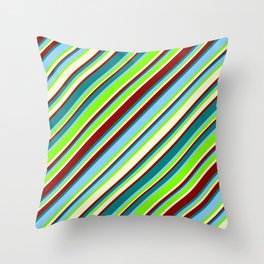 [ Thumbnail: Light Sky Blue, Green, Light Yellow, Dark Red, and Teal Colored Lined/Striped Pattern Throw Pillow ]