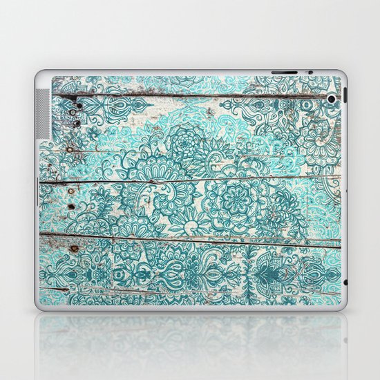 Teal & Aqua Botanical Doodle on Weathered Wood Laptop & iPad Skin