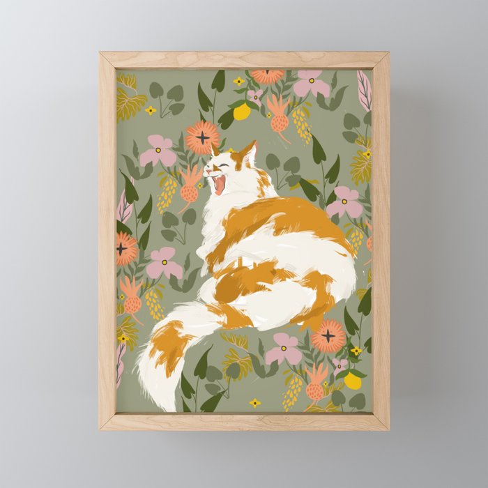 Yawning Cat - Sage Framed Mini Art Print