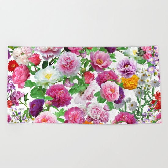 Seamless Nature Flowers Pattern Beach Towel
