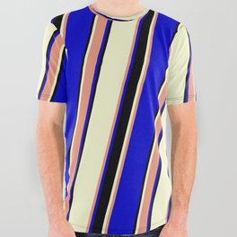 [ Thumbnail: Light Yellow, Dark Salmon, Blue, and Black Colored Striped/Lined Pattern All Over Graphic Tee ]
