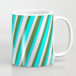 [ Thumbnail: Lavender, Dark Olive Green, and Cyan Colored Lines Pattern Coffee Mug ]
