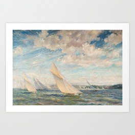 America's Cup Yacht Racing sailboats on Narragansett Bay, Newport, Rhode Island nautical maritime landscape painting by Alice Maude Taite Fanner Art Print