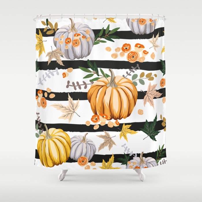 Autumn orange pumpkins, flowers, leaves, striped background. Vintage seamless pattern. Fall season illustration. October harvest. Organic vegetable garden food. Nature design. Thanksgiving day Shower Curtain