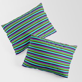[ Thumbnail: Vibrant Lime, Maroon, Aqua, Black, and Dark Violet Stripes/Lines Pattern Pillow Sham ]