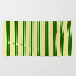 [ Thumbnail: Tan and Dark Green Colored Lined/Striped Pattern Beach Towel ]