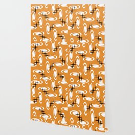 Retro Atomic Age Swirls Stars Pattern Orange Wallpaper